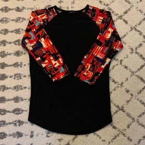 LuLaRoe Black Tee with Geometric Red Sleeves